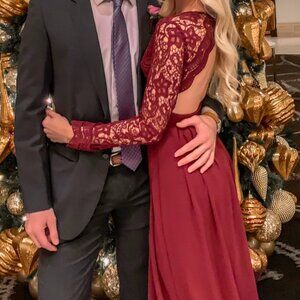 Lulu's Awaken My Love Long Sleeve Burgundy Lace Maxi Dress XS